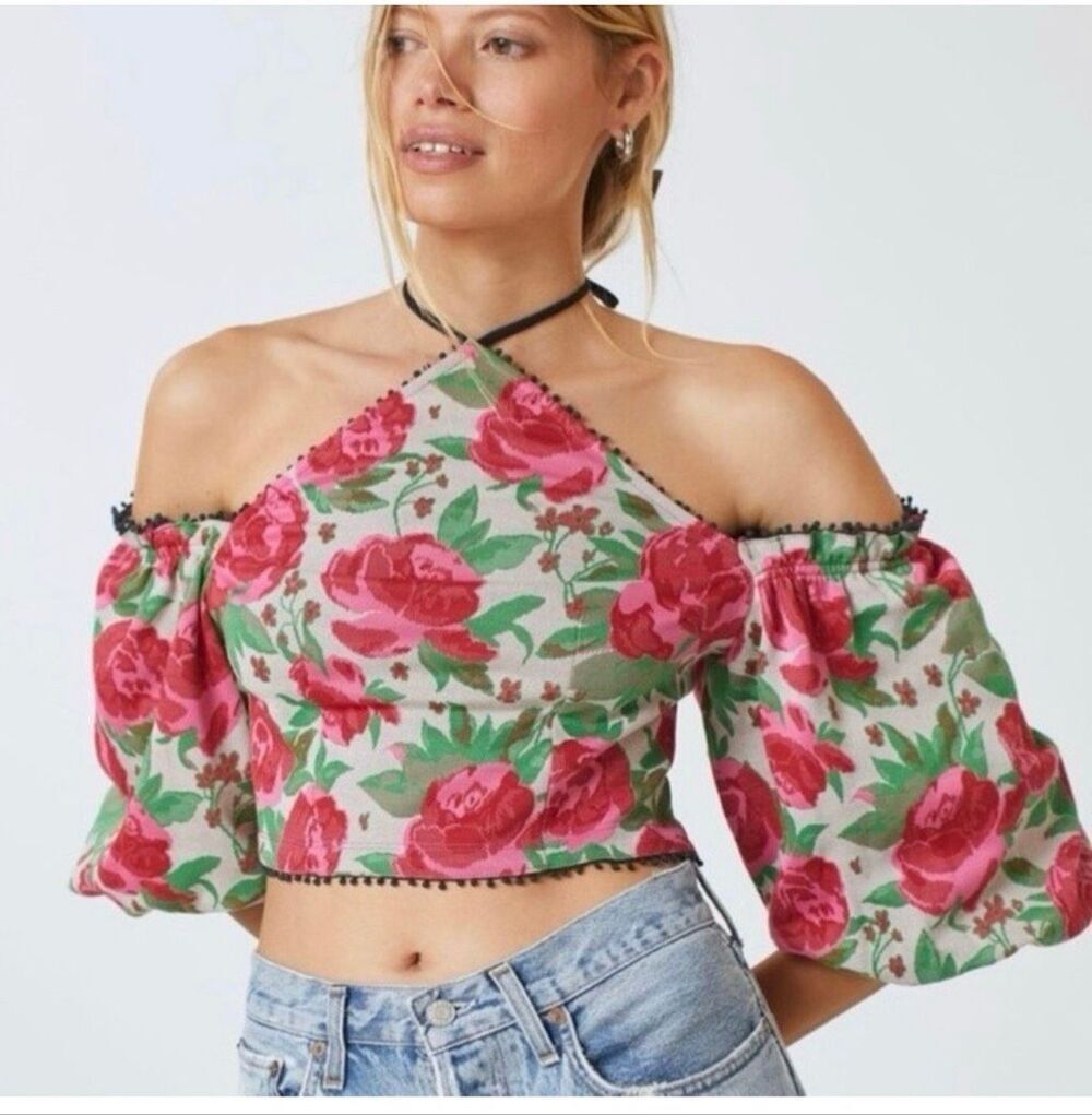 Anthropologie Frida Floral top cropped off-the-shoulder puff sleeves sz XS NWT